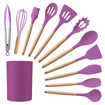 12-Piece:Non-Slip Wooden Handle Silicone Kitchen Utensils Cookware Set with Organizer Bucket Holder
